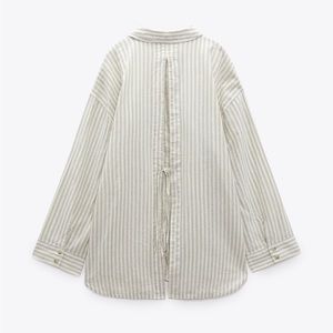 ZARA Striped Cotton / Linen Green Button Down Shirt, Sz M - NWT